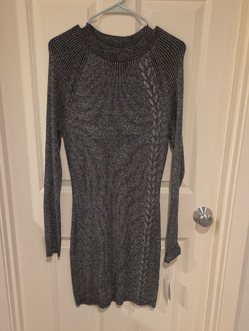 BCX Long Sleeve Metallic Gray Ribbed Knit Dress
